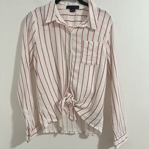 Sanctuary Hayley Tie Front Shirt Size S White and Red Striped Long Sleeve Gauzy